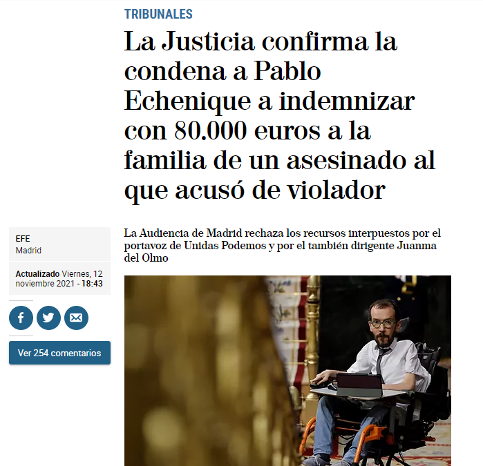 Justicia confirma condena a Pablo Echenique a indemnizar con 80.000 euros a la familia de un asesinado al que acusó de violador