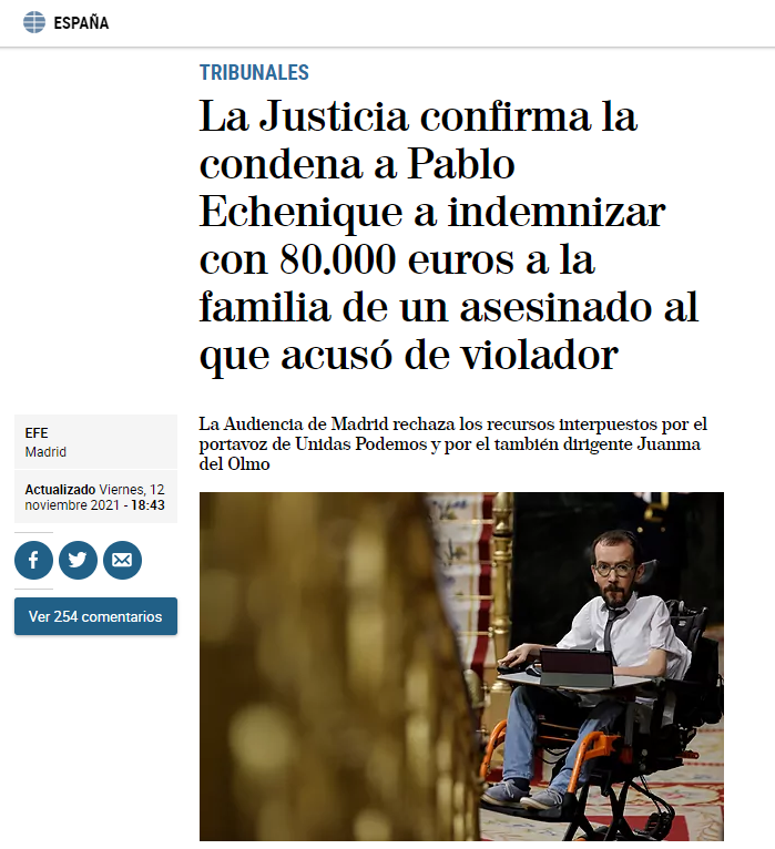 Justicia confirma condena a Pablo Echenique a indemnizar con 80.000 euros a la familia de un asesinado al que acusó de violador