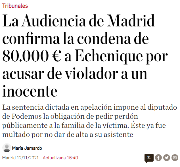 La Audiencia de Madrid confirma la condena de 80.000 € a Echenique por acusar de violador a un inocente