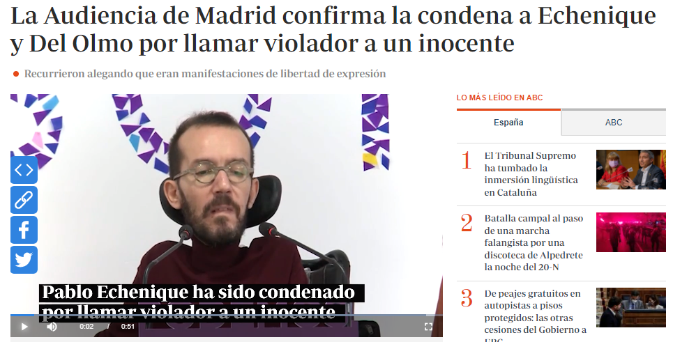 La Audiencia de Madrid confirma la condena a Echenique y Del Olmo por llamar violador a un inocente